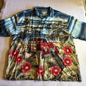 Big Dogs XL Hawaiian Shirt Red Woodie Car Palm Trees Rayon Mens‎